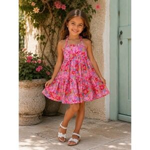 Ettavee Dress Girls Size 6 Pink Tropical Floral Halter Tiered Twirl Lined resort